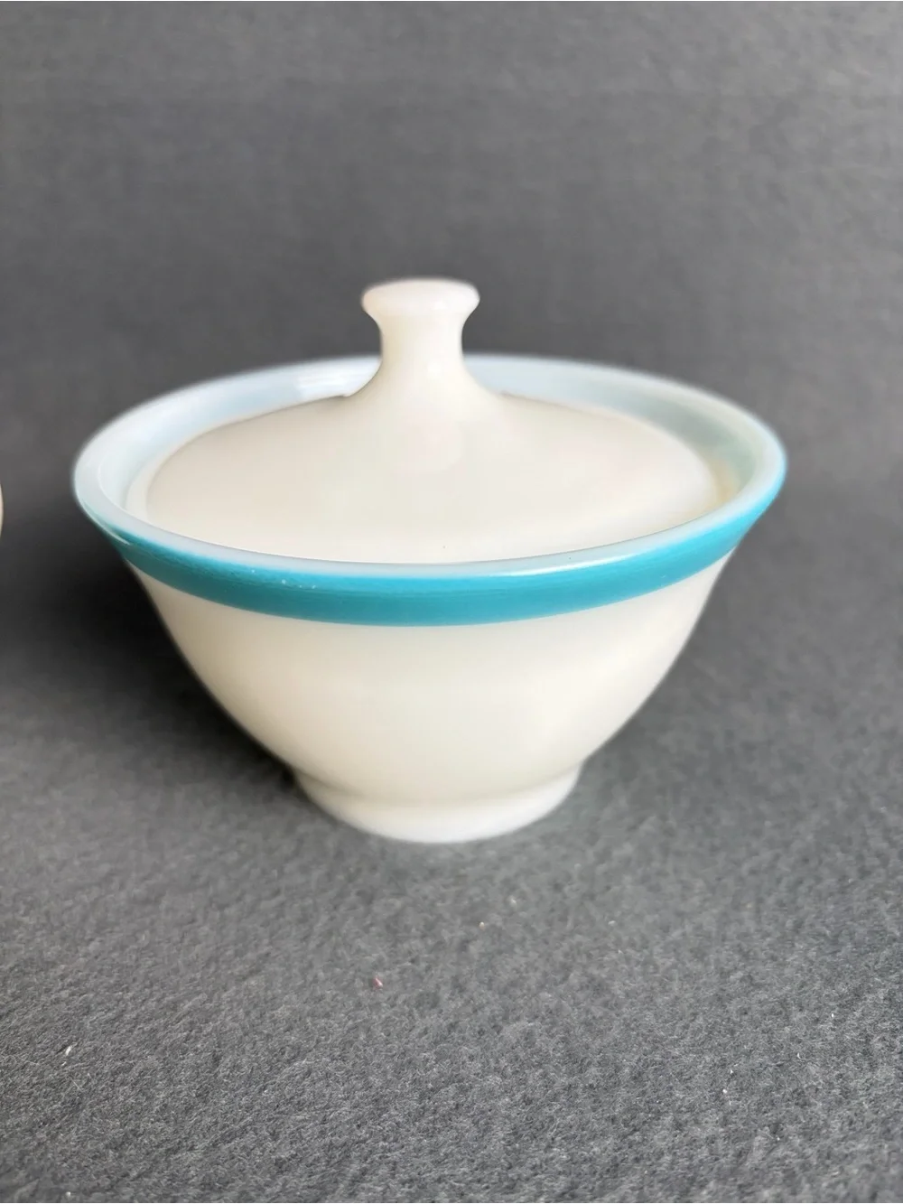 MCM Vintage 1950s Pyrex Turquoise Blue Rim Sugar Bowl W/ Lid and Creamer Set